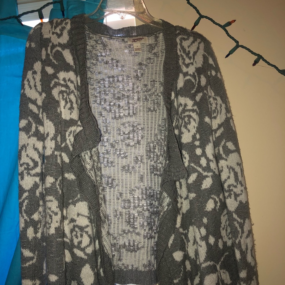 Grey and White Flower Cardigan Sweater